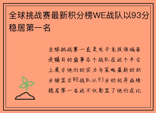 全球挑战赛最新积分榜WE战队以93分稳居第一名