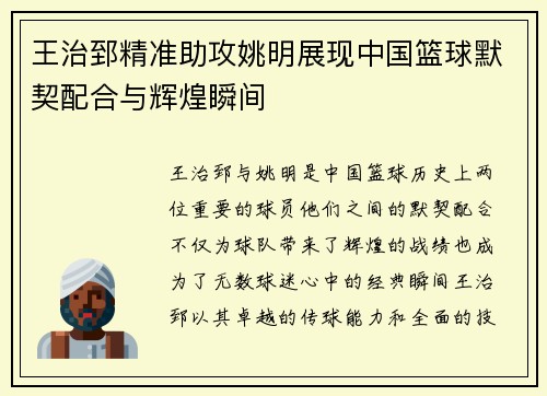 王治郅精准助攻姚明展现中国篮球默契配合与辉煌瞬间