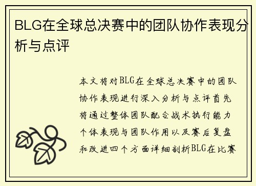 BLG在全球总决赛中的团队协作表现分析与点评