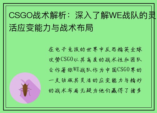 CSGO战术解析：深入了解WE战队的灵活应变能力与战术布局