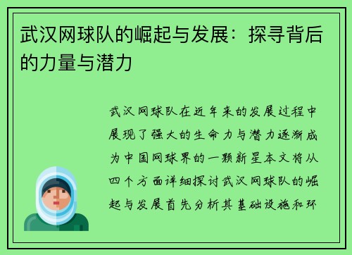 武汉网球队的崛起与发展：探寻背后的力量与潜力