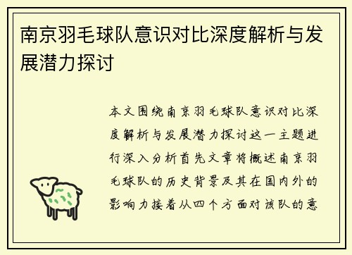 南京羽毛球队意识对比深度解析与发展潜力探讨