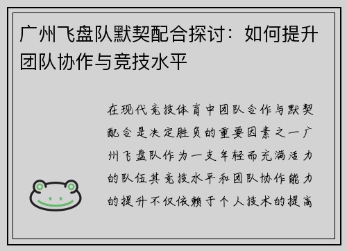 广州飞盘队默契配合探讨：如何提升团队协作与竞技水平