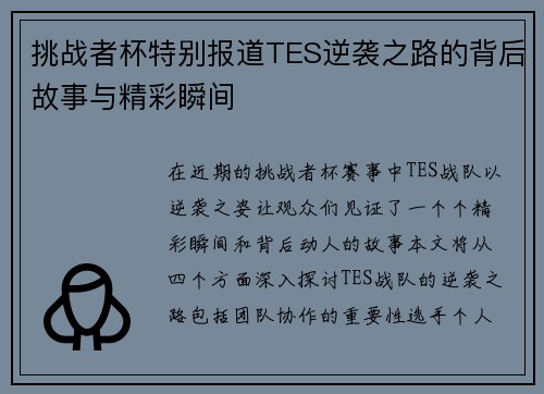 挑战者杯特别报道TES逆袭之路的背后故事与精彩瞬间